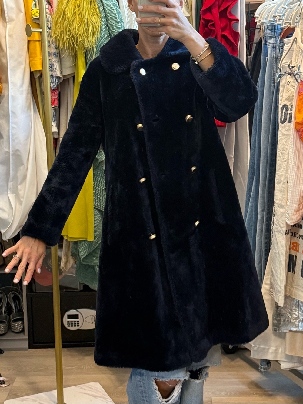 Vintage Navy Blue Glenoit Norba North Bay Navy Faux Fur Coat Gold Buttons